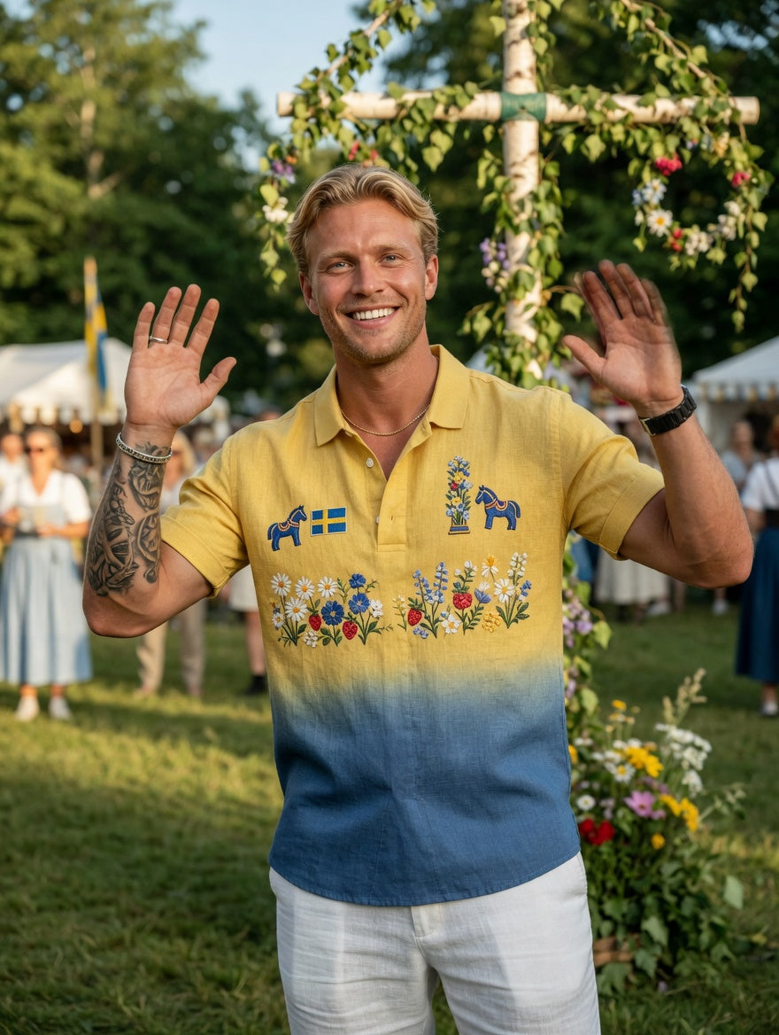 Herrretro svensk midsommar bomull-linne polotröja med korta ärmarna