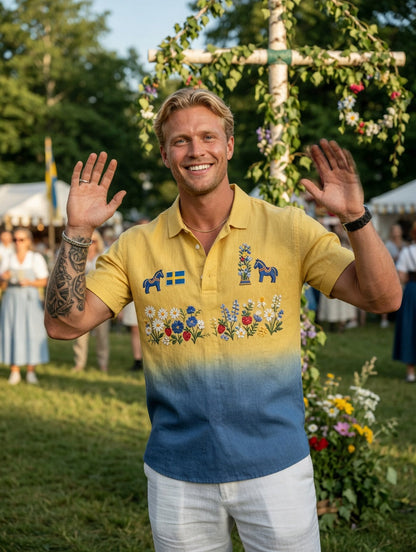 Herrretro svensk midsommar bomull-linne polotröja med korta ärmarna