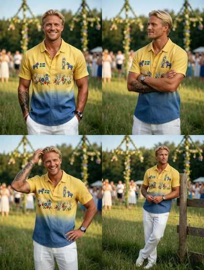 Herrretro svensk midsommar bomull-linne polotröja med korta ärmarna
