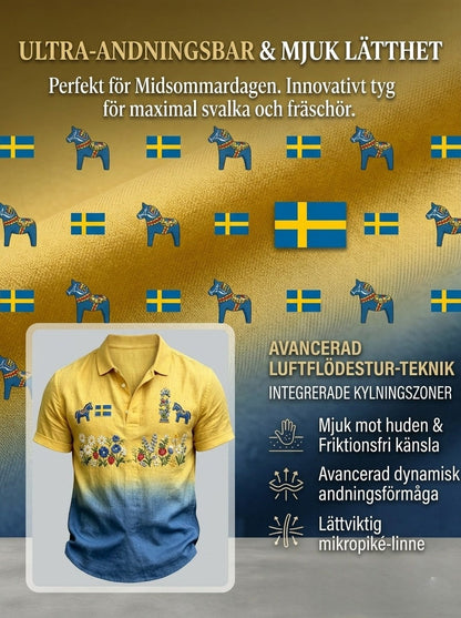 Herrretro svensk midsommar bomull-linne polotröja med korta ärmarna
