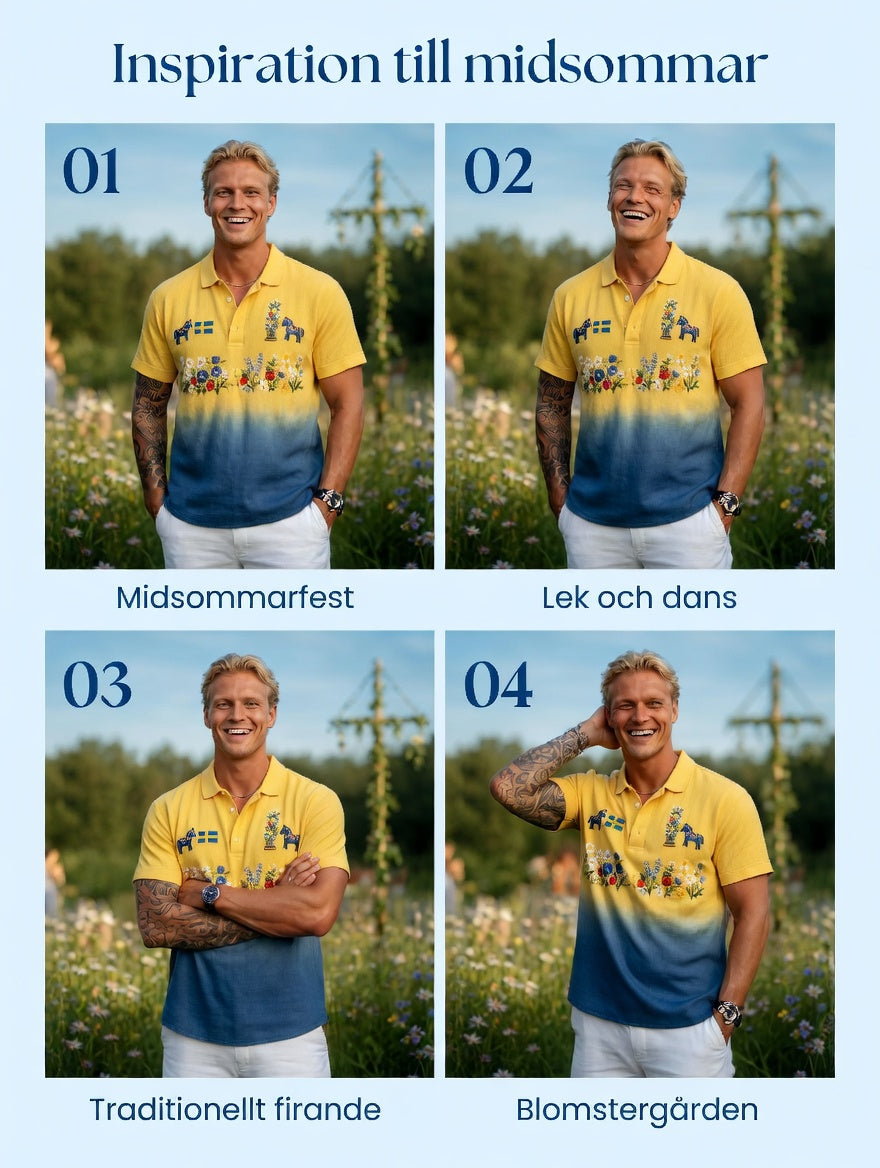 Herrretro svensk midsommar bomull-linne polotröja med korta ärmarna