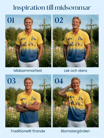 Herrretro svensk midsommar bomull-linne polotröja med korta ärmarna