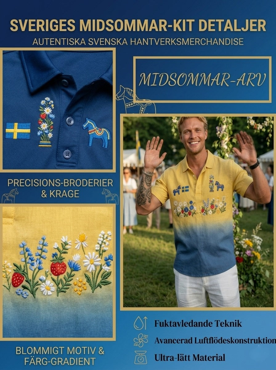 Herrretro svensk midsommar bomull-linne polotröja med korta ärmarna
