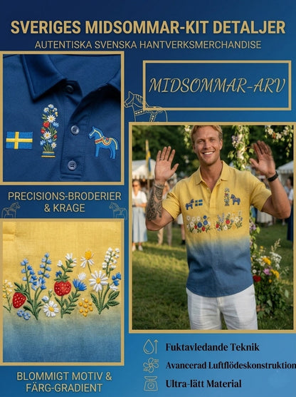 Herrretro svensk midsommar bomull-linne polotröja med korta ärmarna