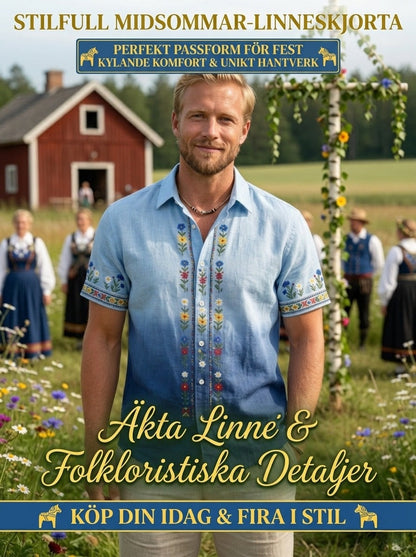Herrretro svensk midsommarfolkaldrigblommig bomull-linne skjorta med korta ärmarna