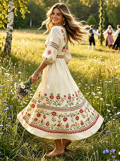 Damskjorta i offwhite med svensk midsommar- och dalahästmönster, av bomull-linne, med V-ringning – ledig stil