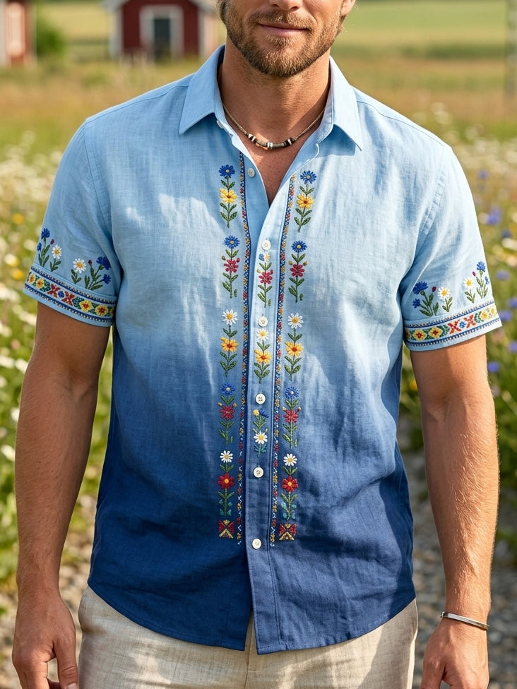 Herrretro svensk midsommarfolkaldrigblommig bomull-linne skjorta med korta ärmarna