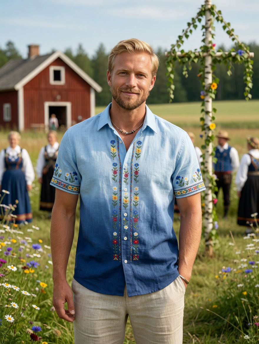 Herrretro svensk midsommarfolkaldrigblommig bomull-linne skjorta med korta ärmarna