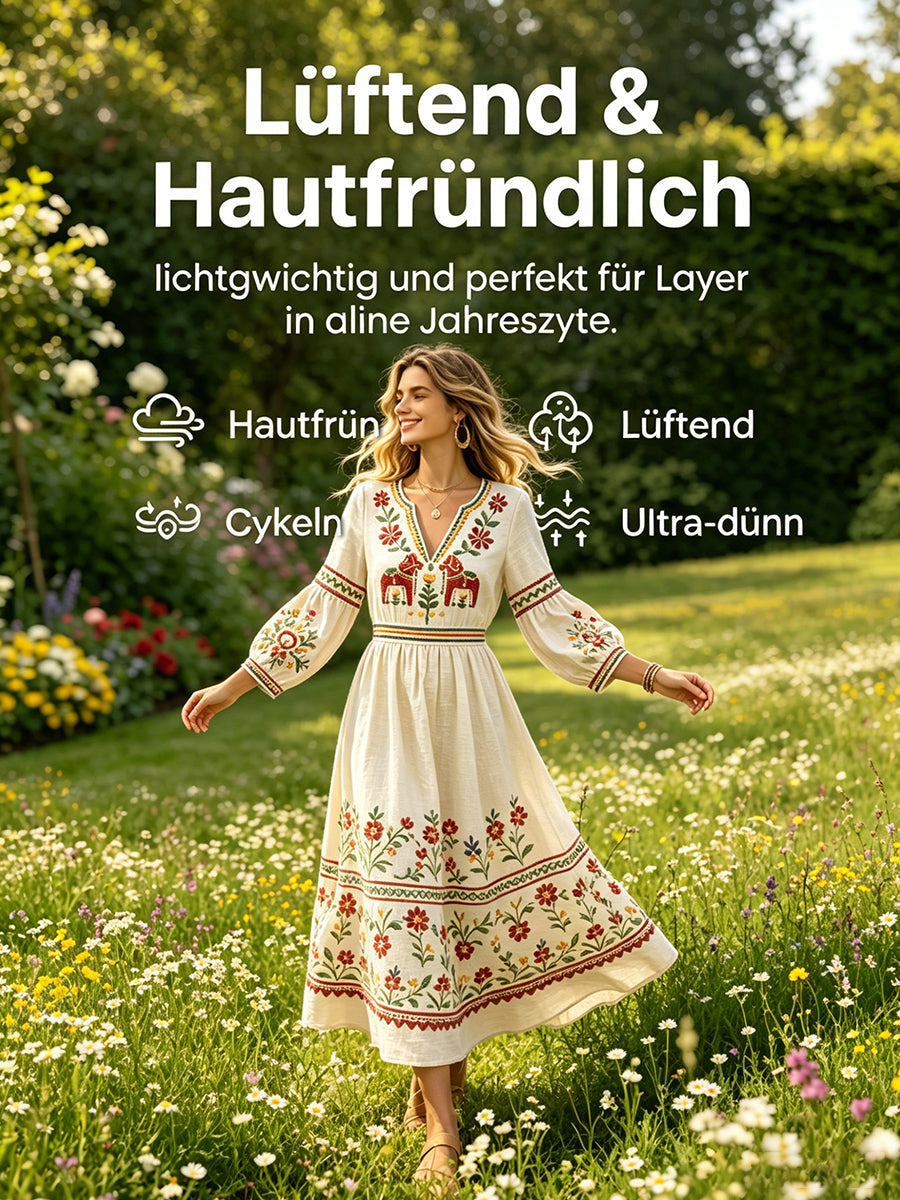 Damskjorta i offwhite med svensk midsommar- och dalahästmönster, av bomull-linne, med V-ringning – ledig stil