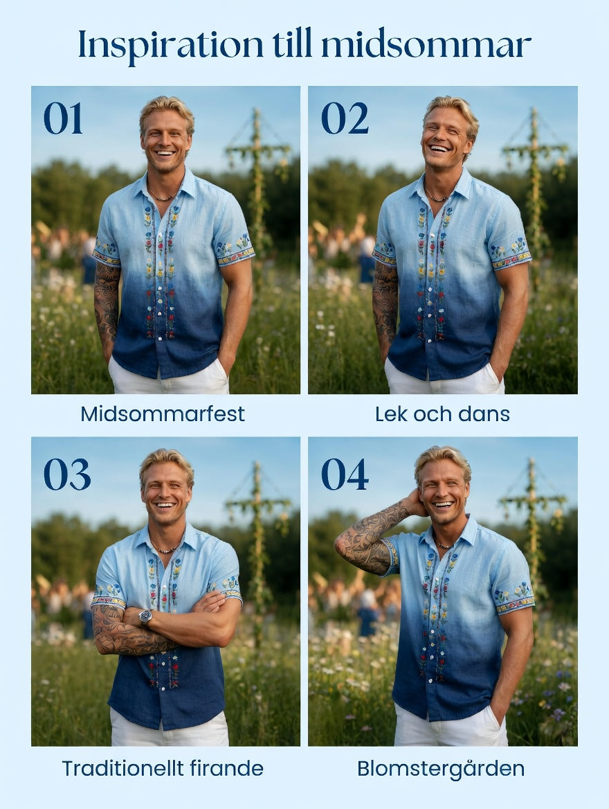 Herrretro svensk midsommarfolkaldrigblommig bomull-linne skjorta med korta ärmarna