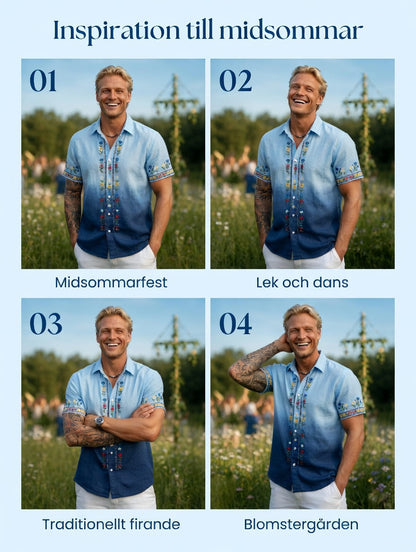 Herrretro svensk midsommarfolkaldrigblommig bomull-linne skjorta med korta ärmarna