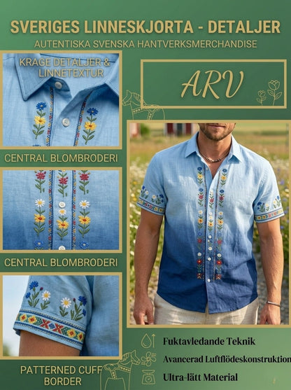 Herrretro svensk midsommarfolkaldrigblommig bomull-linne skjorta med korta ärmarna