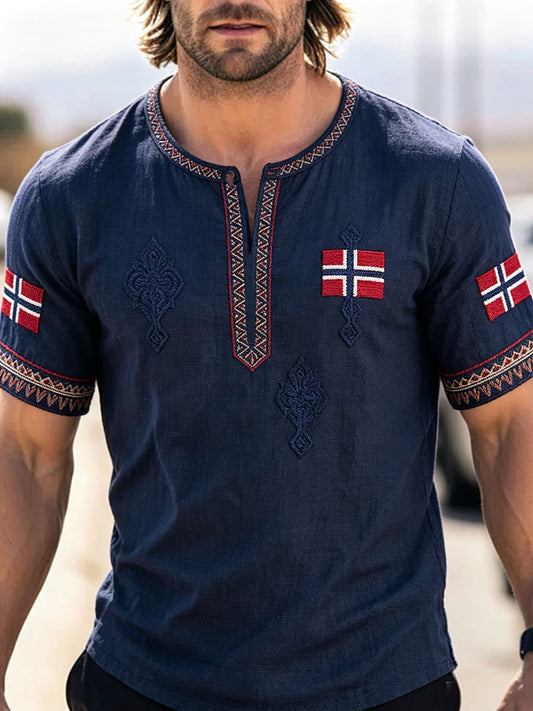 Mannlig skandinavisk stil Norge kunst trykt lin-t-skjorte