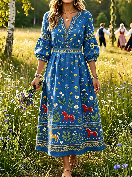 Damer Svensk midsommar Dalahästtryck Casual mode Bomull-linne V-ringning Klänning
