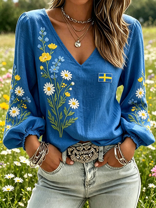 Dams midsummer-topp i linneimitation med blommönster och långa ärmar