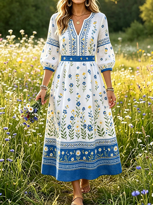 Damer Svensk midsommar Dalahästtryck Casual mode Bomull-linne V-ringning Klänning
