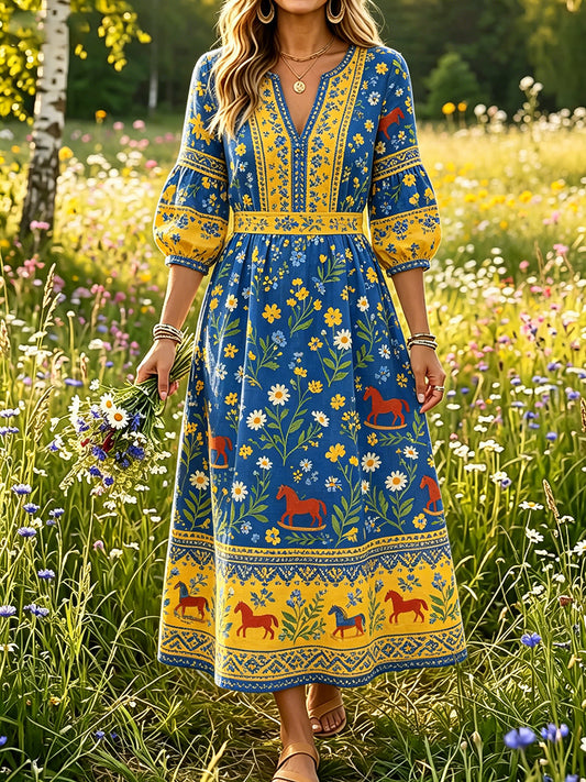Damer Svensk midsommar Dalahästtryck Casual mode Bomull-linne V-ringning Klänning