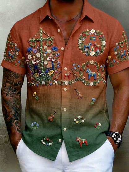 Herrskjortor i retrostil med svensk midsommar- och folkdräktsmotiv i bomull-linne, kortärmade