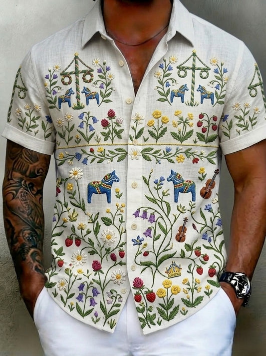 Herrskjortor i retrostil med svensk midsommar- och folkdräktsmotiv i bomull-linne, kortärmade