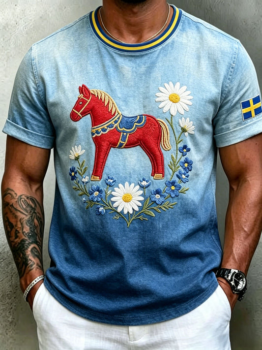 Retro herrtröja med svensk midsommarkonst, kortärmad t-shirt