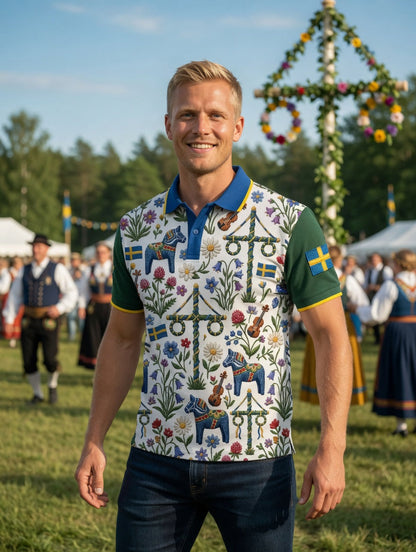 Herrretro svensk midsommarkonsttryck polotröja med korta ärmar