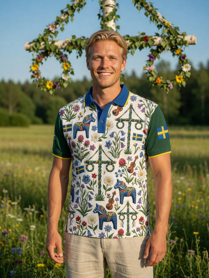 Herrretro svensk midsommarkonsttryck polotröja med korta ärmar