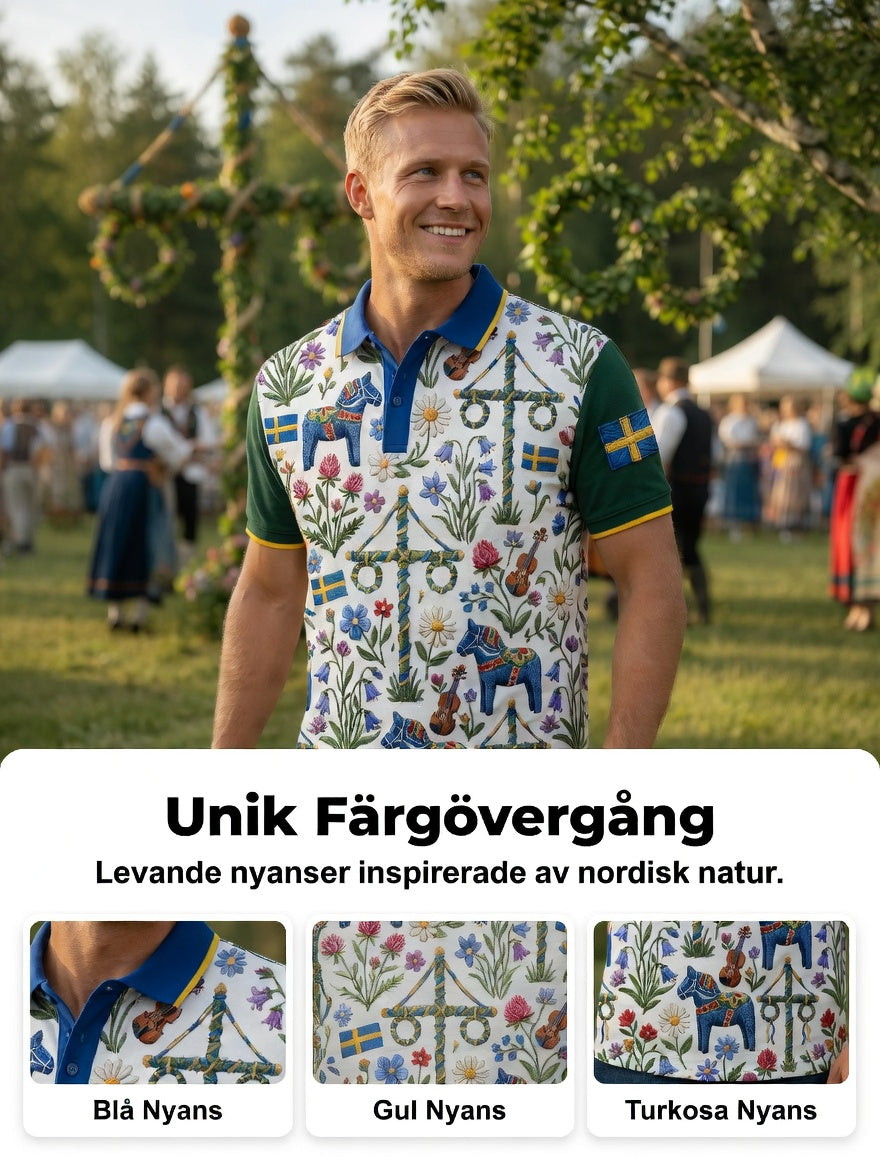 Herrretro svensk midsommarkonsttryck polotröja med korta ärmar