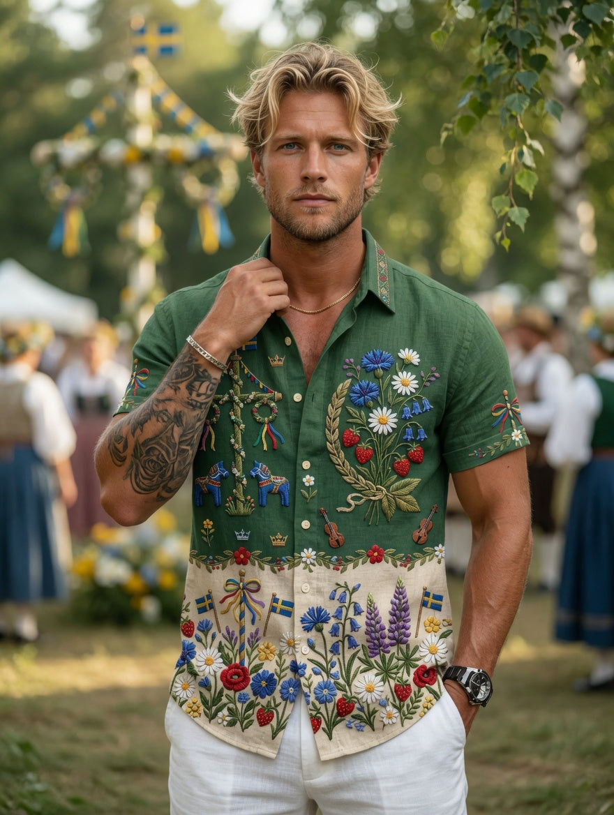 Herrskjortor i retrostil med svensk midsommar- och folkdräktsmotiv i bomull-linne, kortärmade