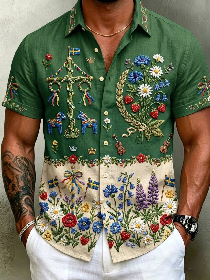 Herrskjortor i retrostil med svensk midsommar- och folkdräktsmotiv i bomull-linne, kortärmade