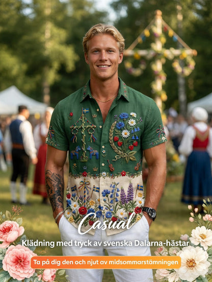 Herrskjortor i retrostil med svensk midsommar- och folkdräktsmotiv i bomull-linne, kortärmade