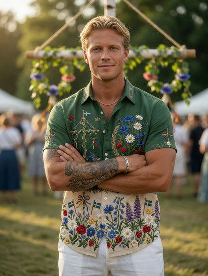 Herrskjortor i retrostil med svensk midsommar- och folkdräktsmotiv i bomull-linne, kortärmade