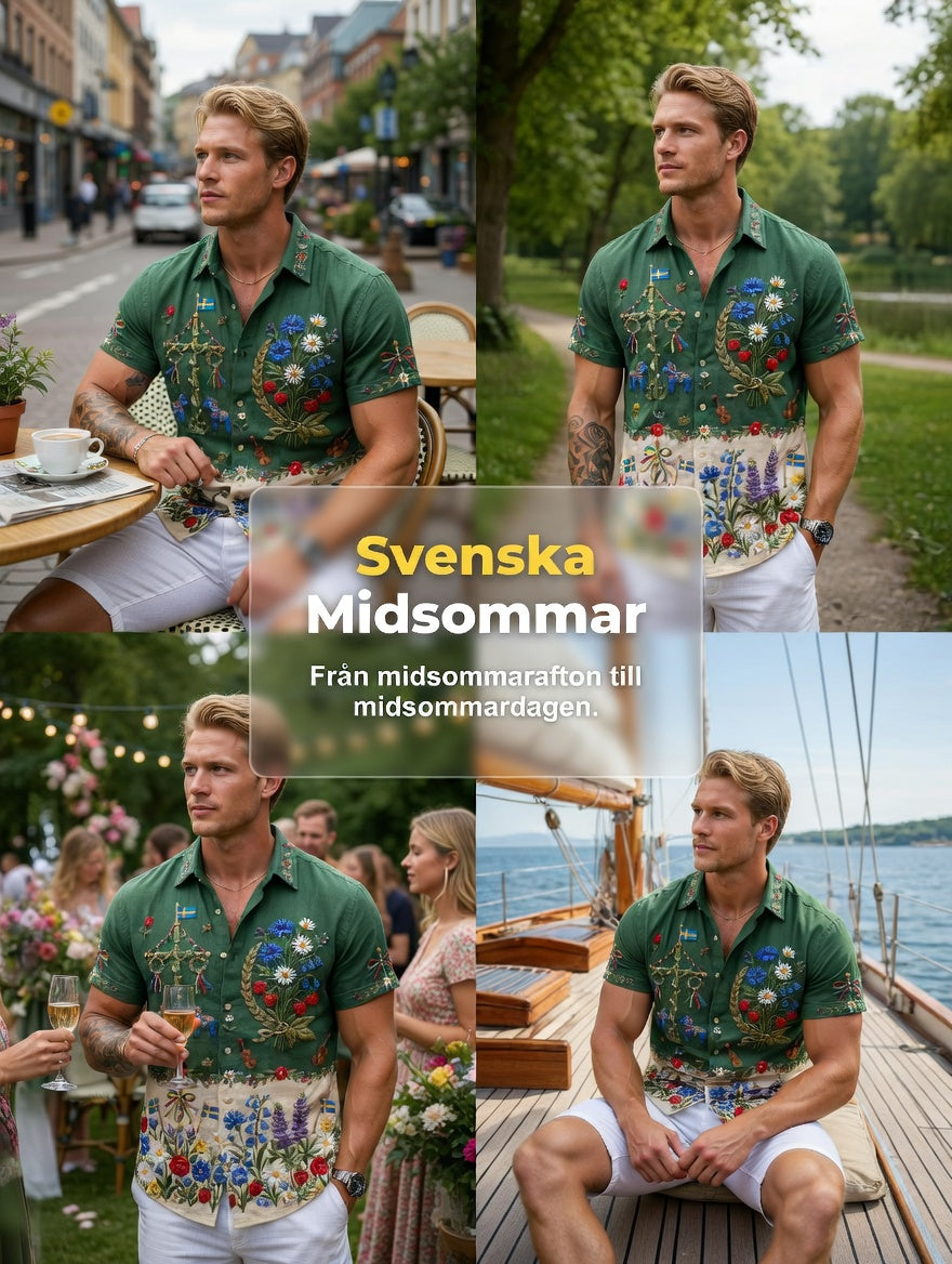 Herrskjortor i retrostil med svensk midsommar- och folkdräktsmotiv i bomull-linne, kortärmade