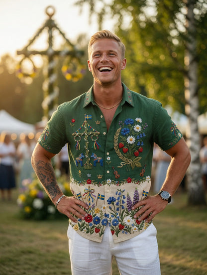 Herrskjortor i retrostil med svensk midsommar- och folkdräktsmotiv i bomull-linne, kortärmade