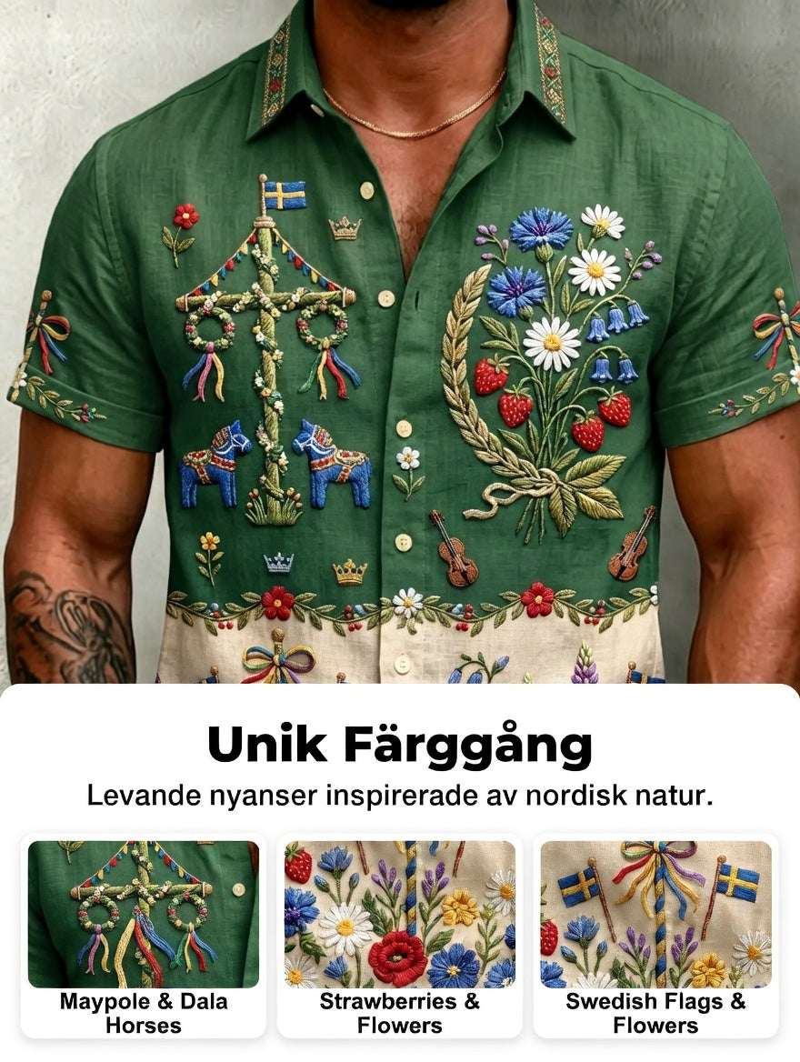 Herrskjortor i retrostil med svensk midsommar- och folkdräktsmotiv i bomull-linne, kortärmade