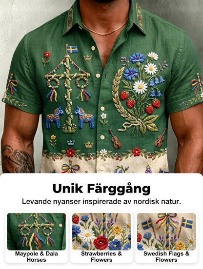 Herrskjortor i retrostil med svensk midsommar- och folkdräktsmotiv i bomull-linne, kortärmade