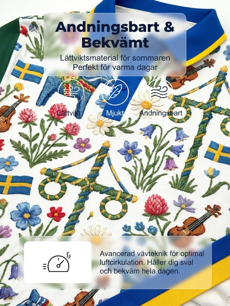 Herrretro svensk midsommarkonsttryck polotröja med korta ärmar