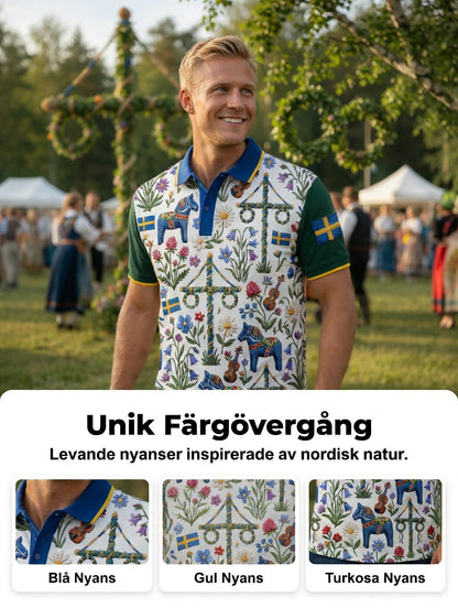 Herrretro svensk midsommarkonsttryck polotröja med korta ärmar
