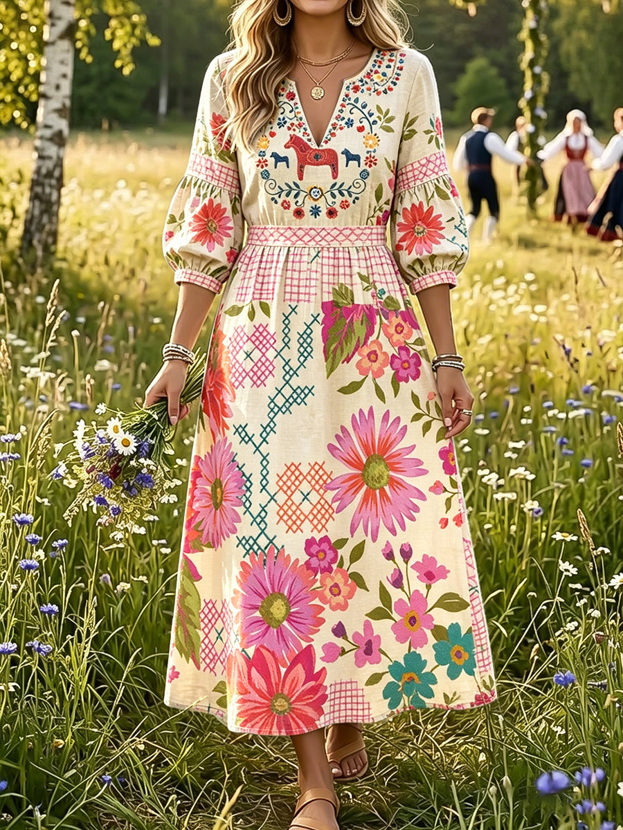 Damer Högtidsstil Svensk Dalahäst Blommig Kritzeleffekt Tryckt Avslappnad Klänning