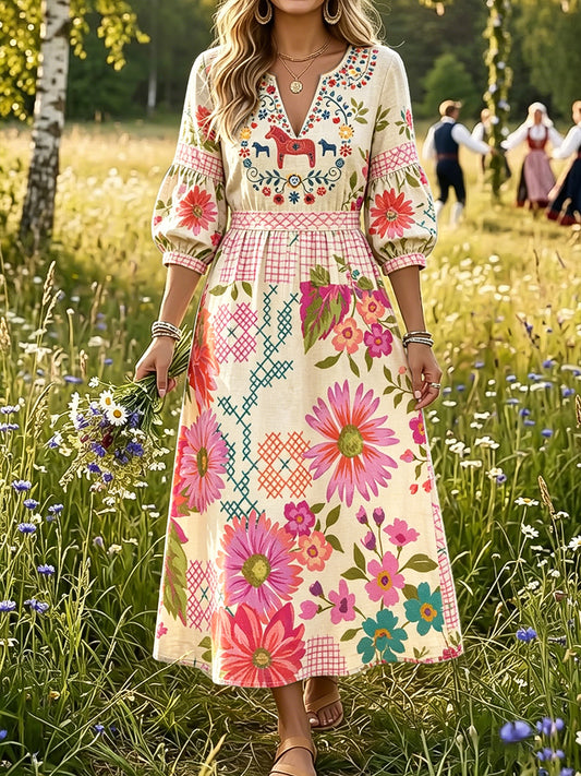 Damer Högtidsstil Svensk Dalahäst Blommig Kritzeleffekt Tryckt Avslappnad Klänning