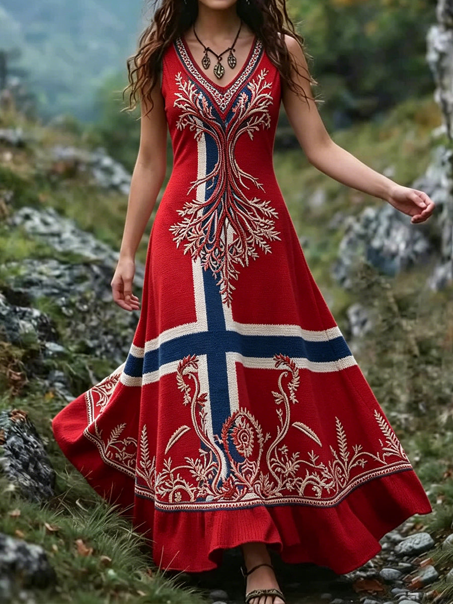 Damekjole i nordisk vikingstil med trykket kunstmotiv