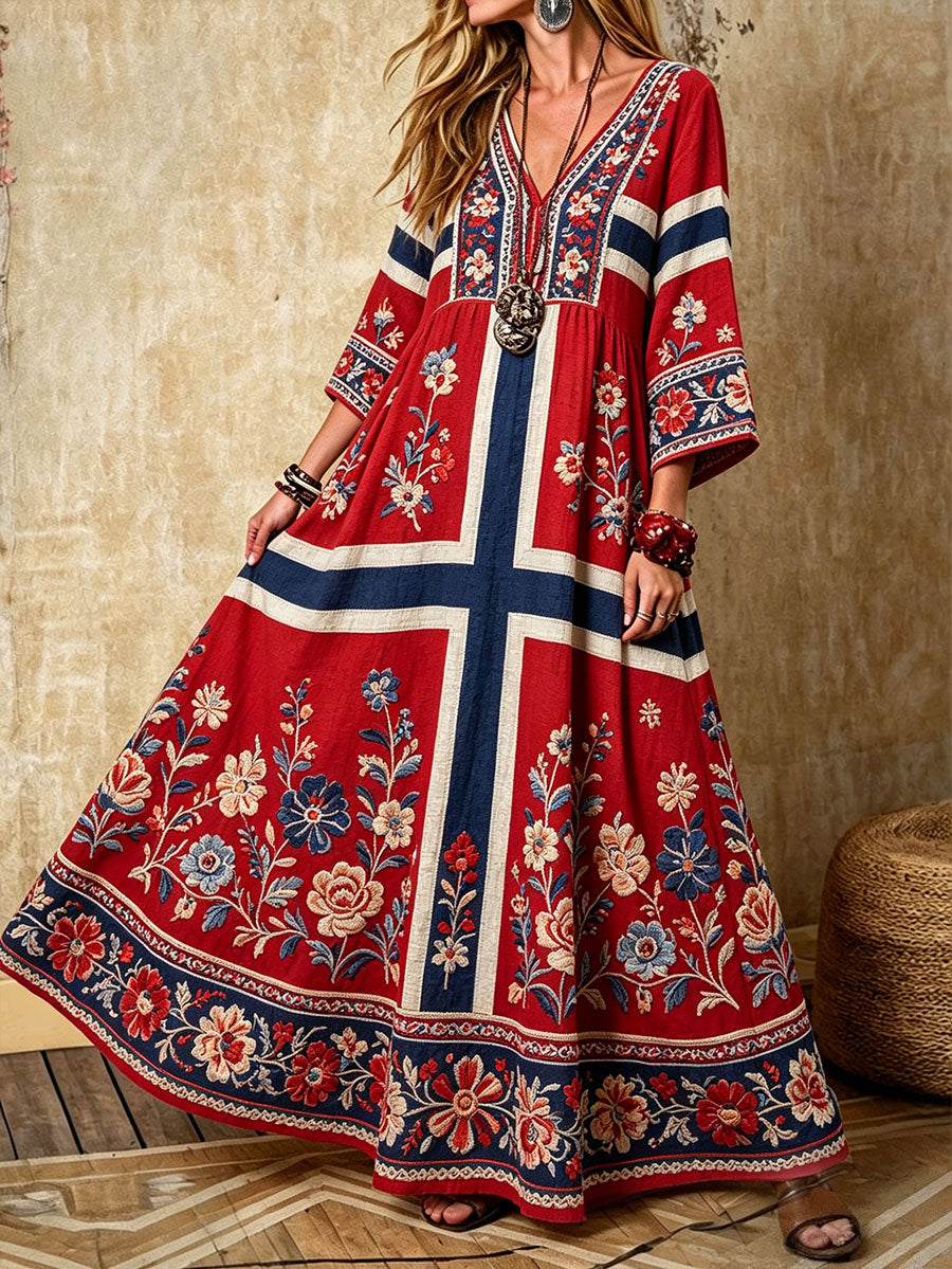 Damekjole i nordisk skandinavisk stil med blomstermotiv trykt på lin