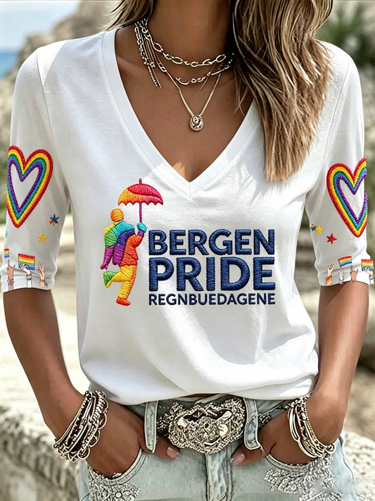 Dame-Norge Bergen Pride Kunsttrykk V-utringning T-skjorte