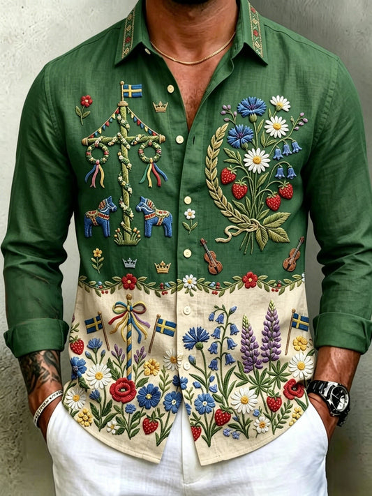 Herrretro svenska midsommarfolkloristiska blommiga bomull-linneskjortor med lång ärm