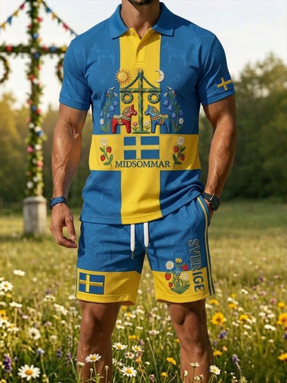 Herrretro svensk midsommarfolkaldrigblommigt tryckt avslappnat polotröja- och shortsset