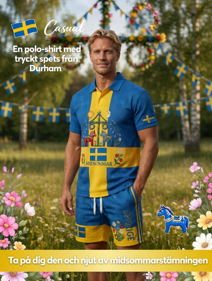 Herrretro svensk midsommarfolkaldrigblommigt tryckt avslappnat polotröja- och shortsset