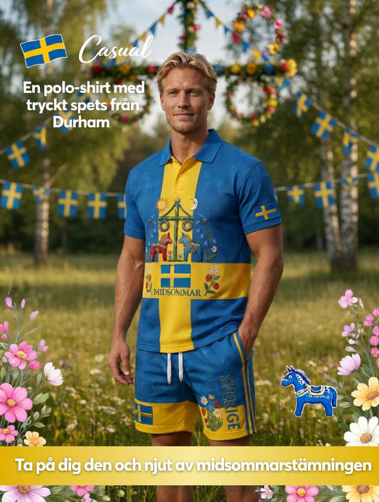 Herrretro svensk midsommarfolkaldrigblommigt tryckt avslappnat polotröja- och shortsset