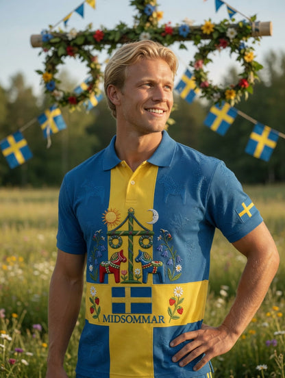 Herrretro svensk midsommarfolkaldrigblommigt tryckt avslappnat polotröja- och shortsset