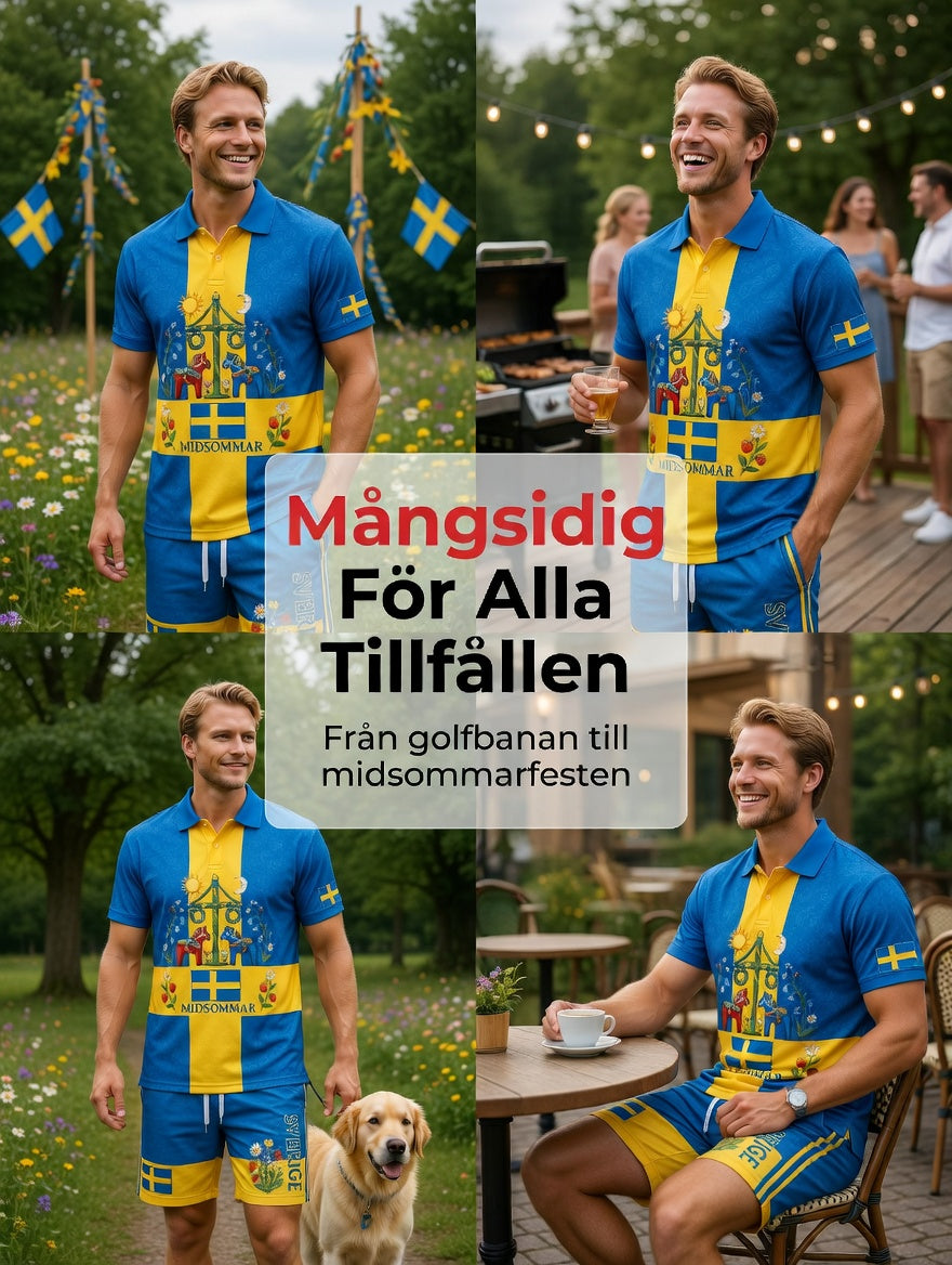 Herrretro svensk midsommarfolkaldrigblommigt tryckt avslappnat polotröja- och shortsset