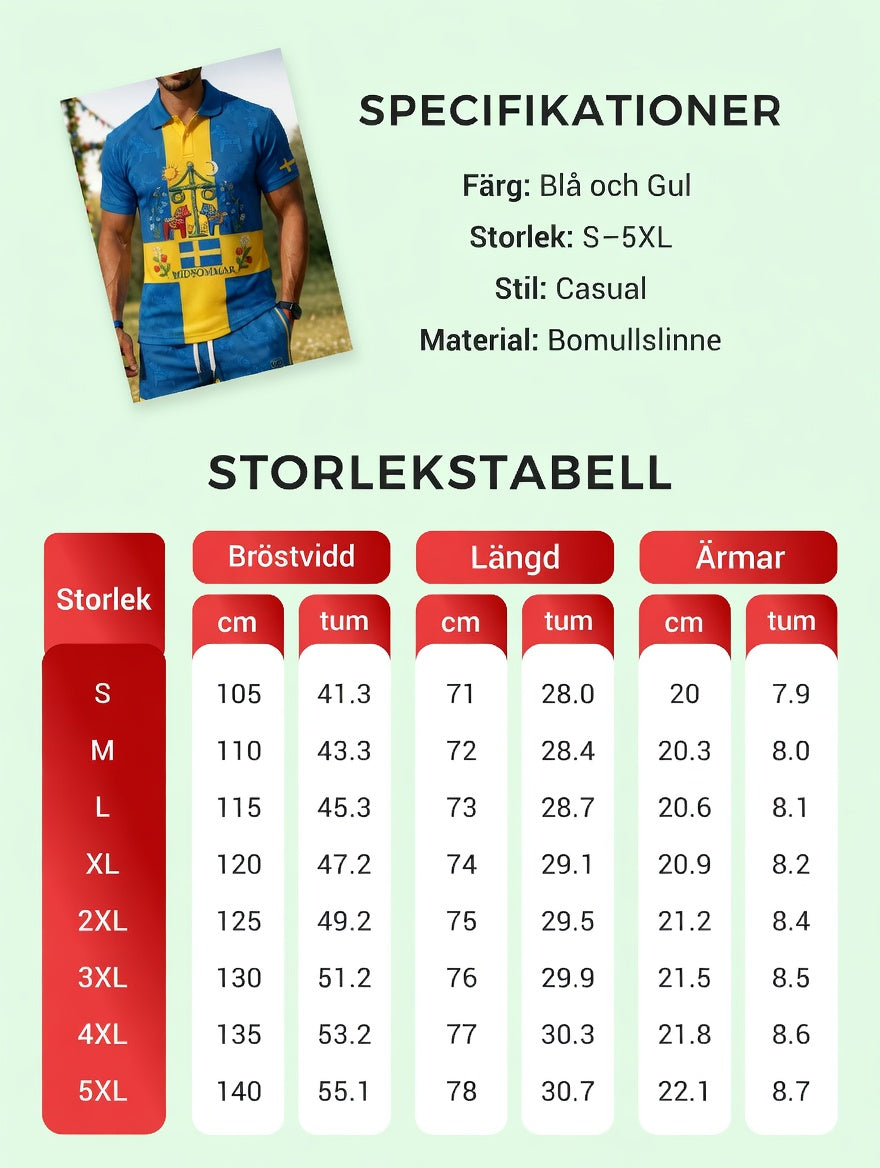 Herrretro svensk midsommarfolkaldrigblommigt tryckt avslappnat polotröja- och shortsset