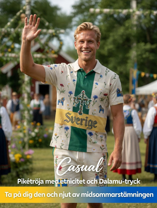 Herrretro svensk midsommarfolkaldrigblommigt tryckt avslappnat polotröja- och shortsset